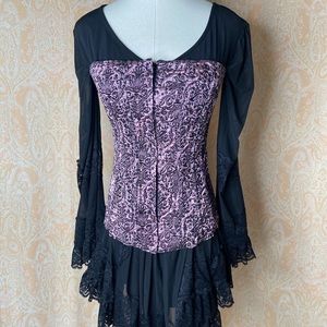 Tesa Pink and black satin brocade patterned zip up front corset top